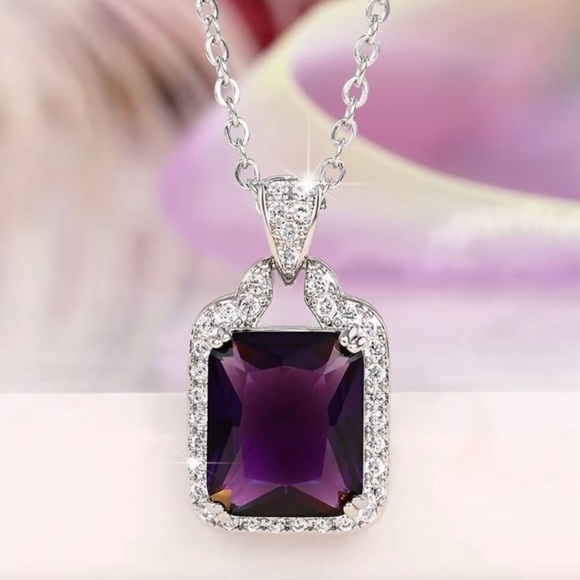NEW 18k White Gold Purple Amethyst Diamond Pendant Necklace - Picture 2 of 5